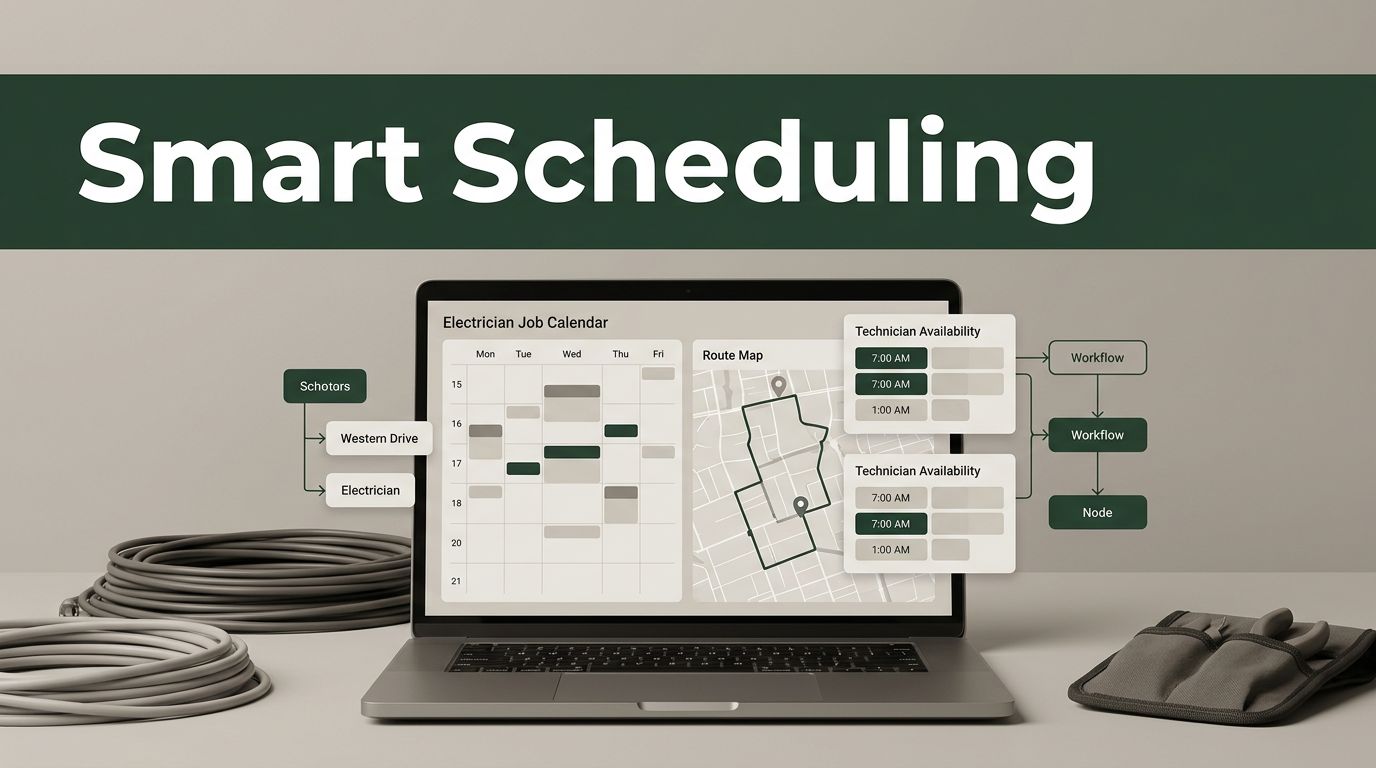 Laptop showing an electrician schedule beside cables and a tool pouch.