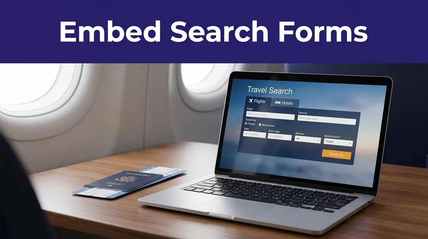 Laptop showing a travel search form beside a passport and boarding pass.