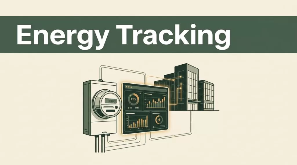 Utility meter and glowing dashboard connected to a commercial building silhouette.