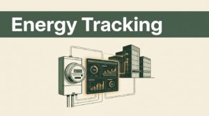 Utility meter and glowing dashboard connected to a commercial building silhouette.