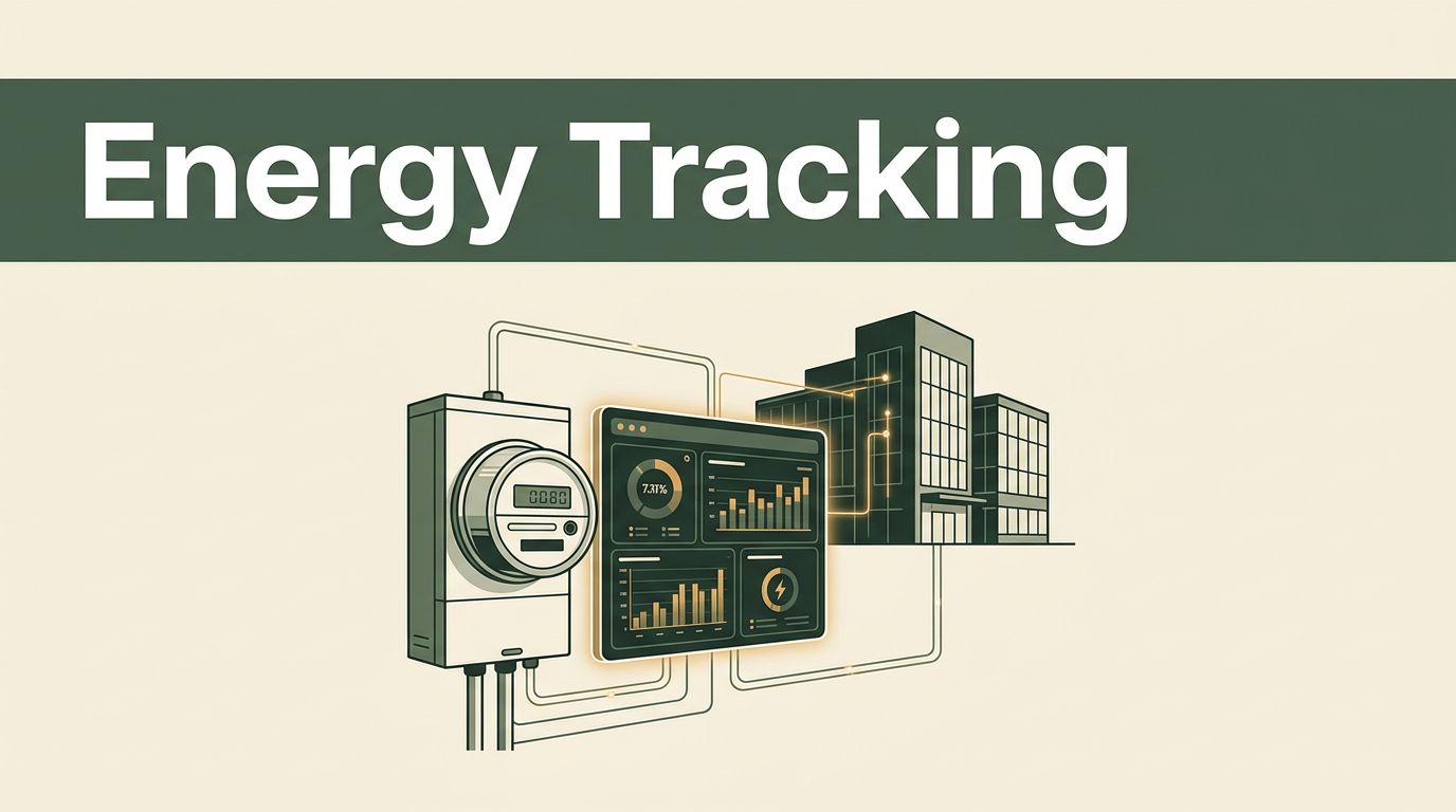 Utility meter and glowing dashboard connected to a commercial building silhouette.