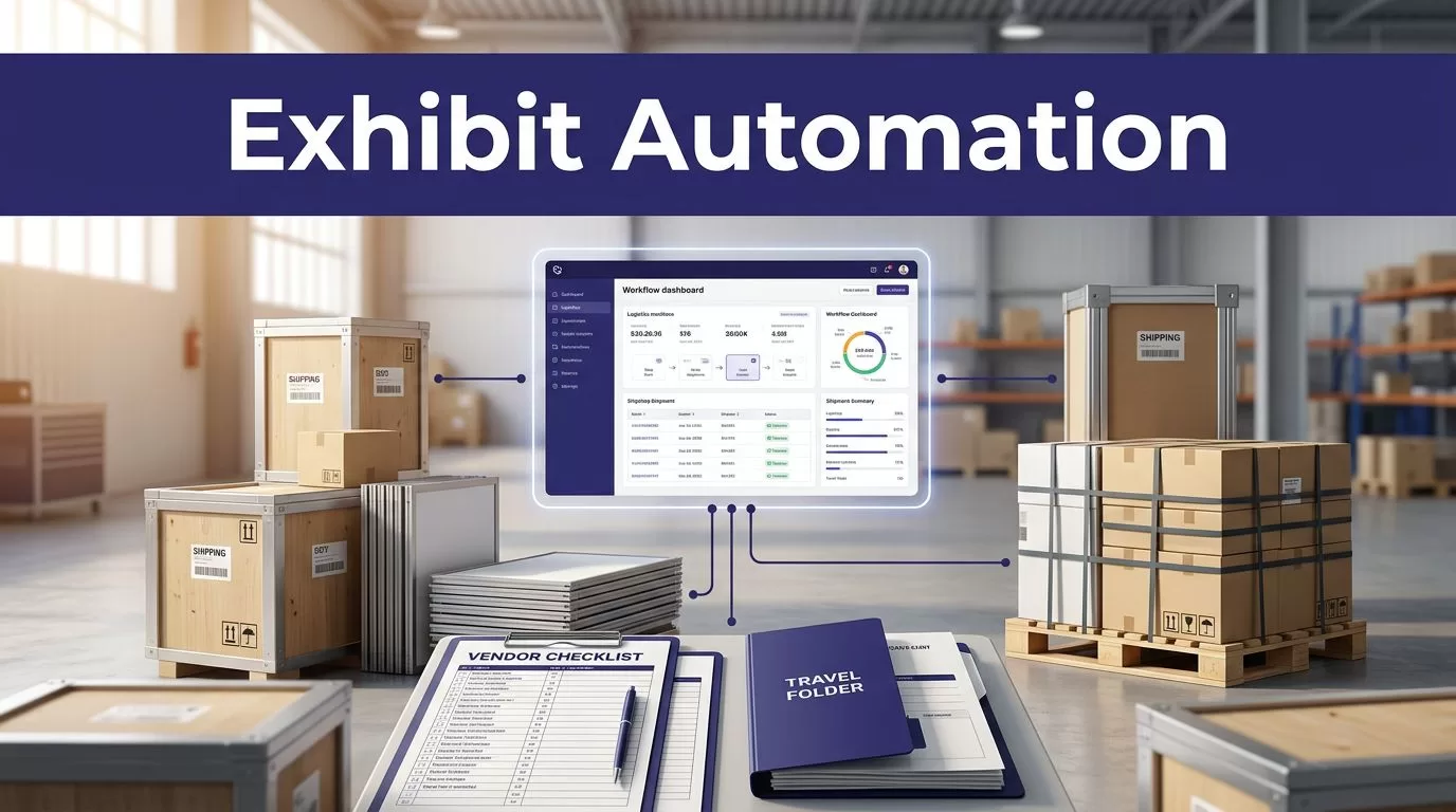 Trade-show crates and booth materials surround a glowing logistics dashboard.