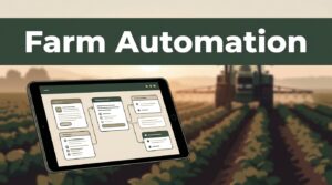 A tablet showing farm workflows sits before crop rows and a tractor at sunrise.