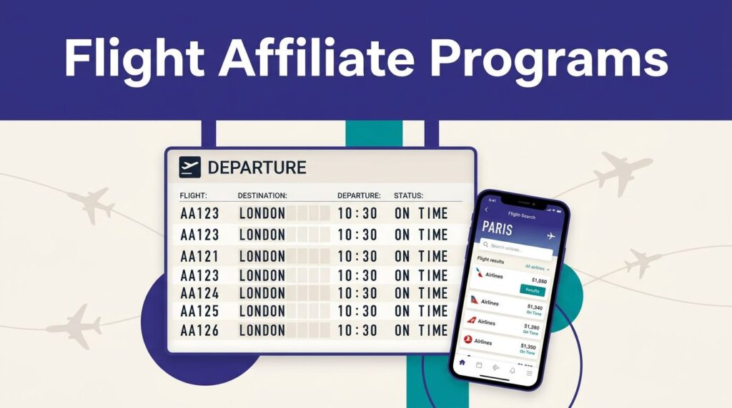 Airport board and smartphone showing flight searches beneath an indigo headline band.