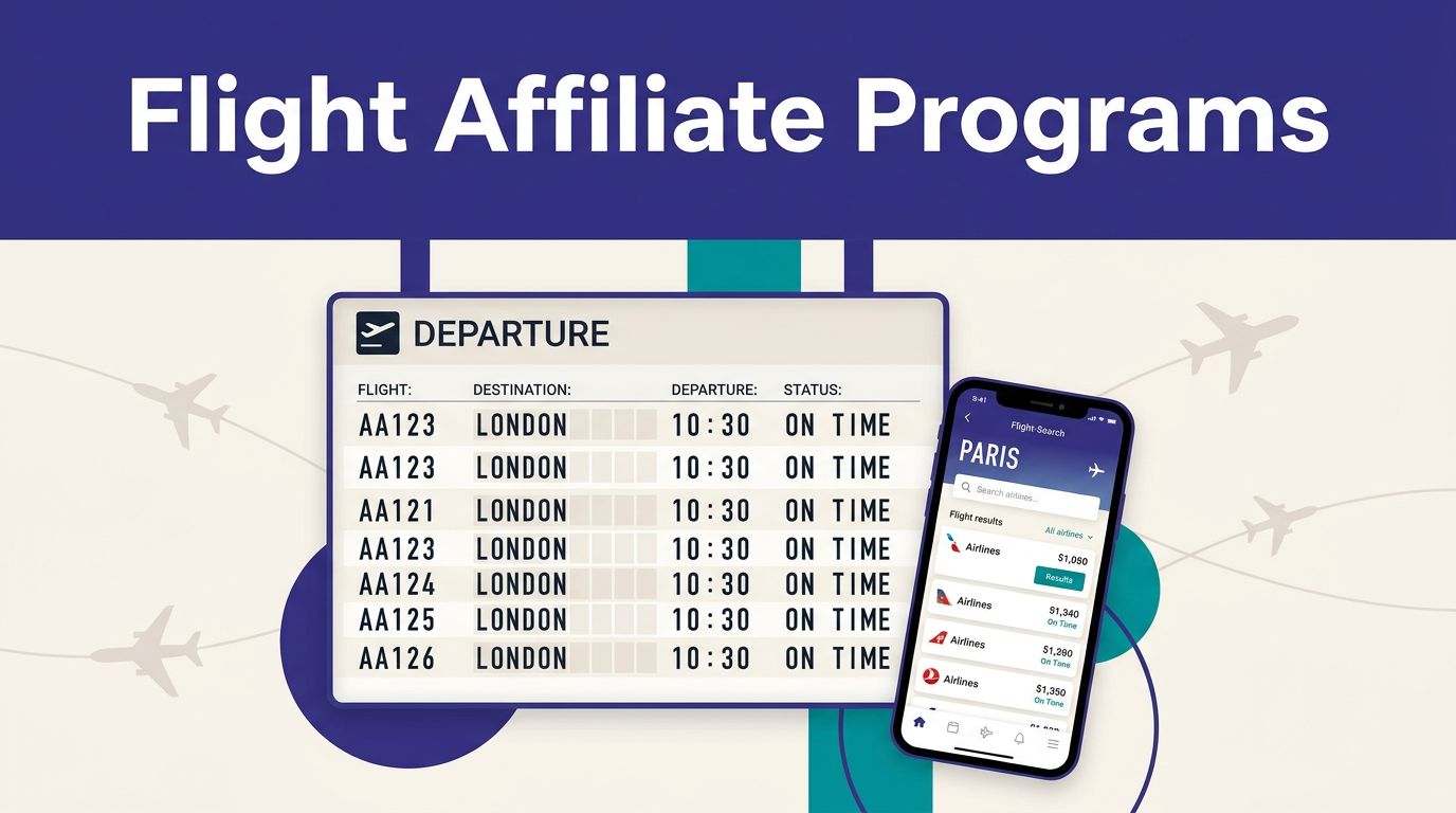 Airport board and smartphone showing flight searches beneath an indigo headline band.