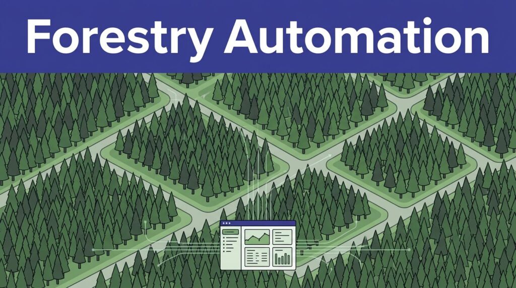 Managed forest sections surround a road, with data lines connecting to an operations dashboard.