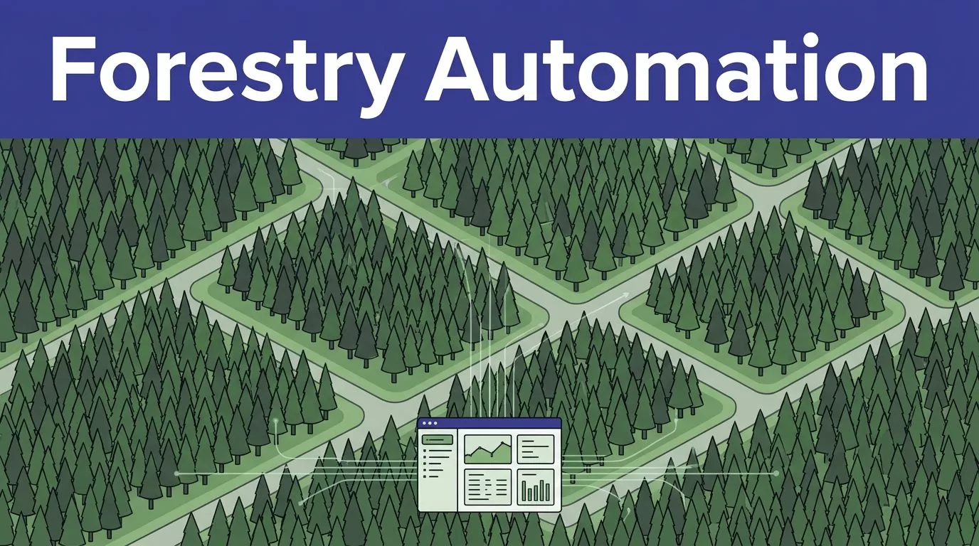 Managed forest sections surround a road, with data lines connecting to an operations dashboard.
