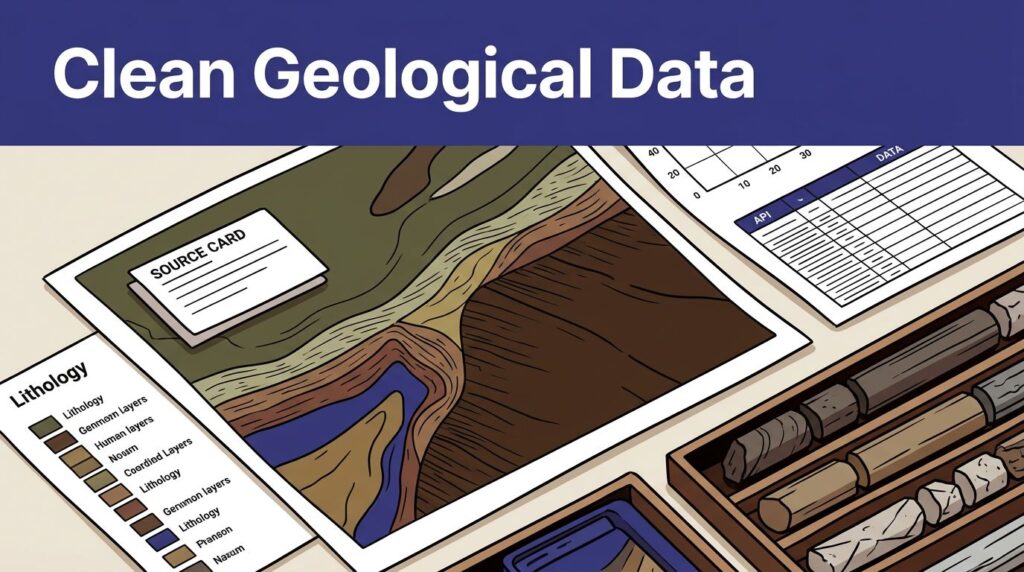 Geological map with layered rock samples, a coordinate grid, source card, and structured data table.
