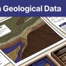 Geological map with layered rock samples, a coordinate grid, source card, and structured data table.