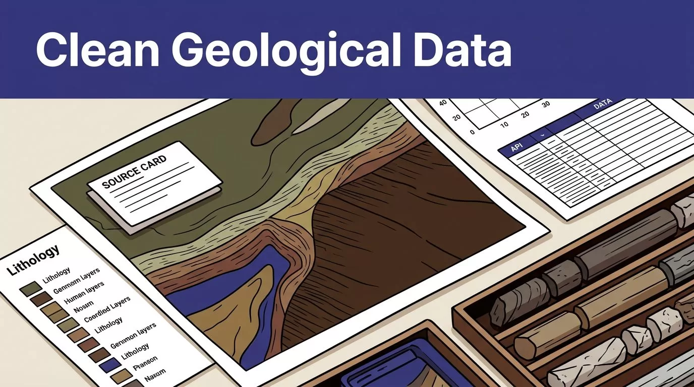 Geological map with layered rock samples, a coordinate grid, source card, and structured data table.