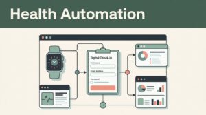 Health dashboard with a smartwatch, check-in form, app panels, and connected data nodes.