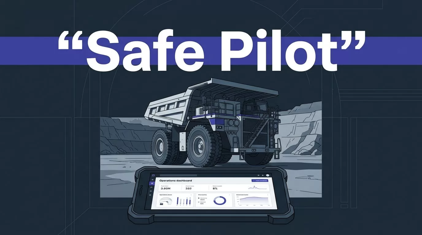 An autonomous-ready haul truck parked in a quarry beside a tablet dashboard.