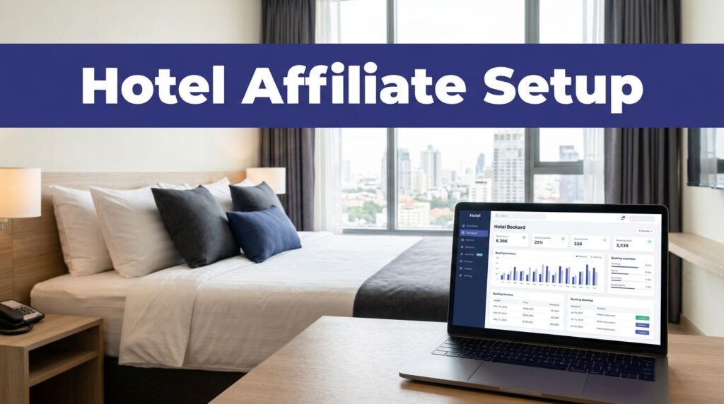 Modern hotel room with a bed, city view, and laptop showing booking charts.