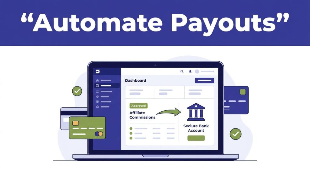 Laptop dashboard showing affiliate commissions moving to a bank account with payment cards and checkmarks.