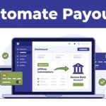 Laptop dashboard showing affiliate commissions moving to a bank account with payment cards and checkmarks.
