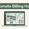 Laptop dashboard showing time entries flowing into billing and accounting records.