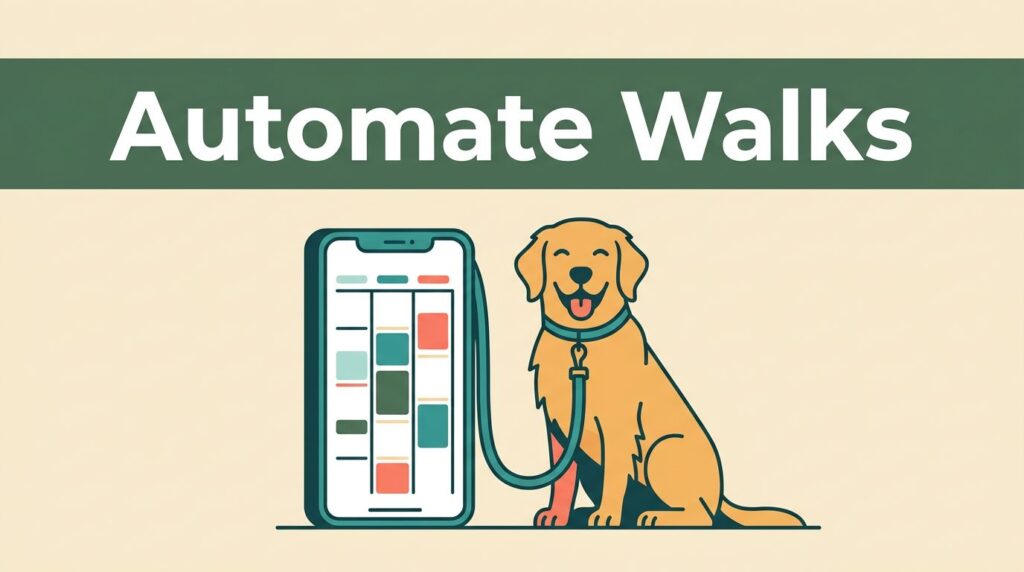 Golden retriever beside a smartphone calendar under a dark-green banner.