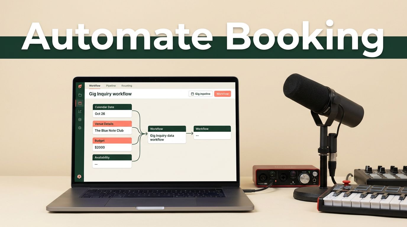 Laptop showing a gig booking workflow beside a microphone and music gear.