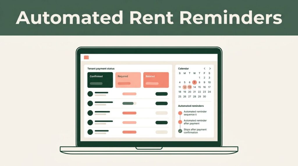 Laptop showing a rental payment dashboard with statuses, calendar, and automated reminders.