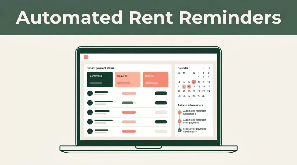 Laptop showing a rental payment dashboard with statuses, calendar, and automated reminders.