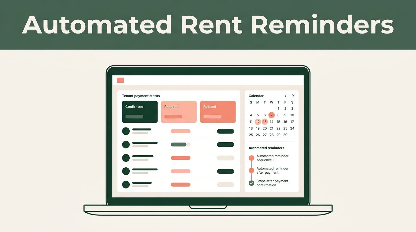 Laptop showing a rental payment dashboard with statuses, calendar, and automated reminders.