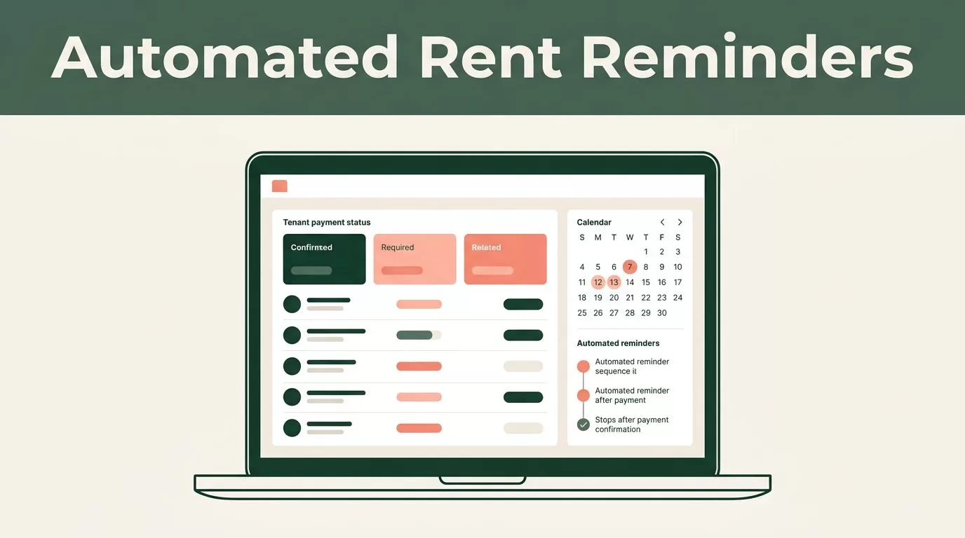 Laptop showing a rental payment dashboard with statuses, calendar, and automated reminders.