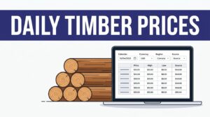 Stacked timber logs sit beside a laptop showing a timber price table.