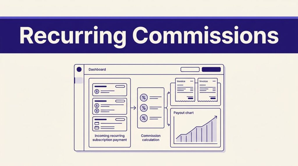 An indigo dashboard shows subscription payments, commission percentages, invoices, and a rising payout chart.