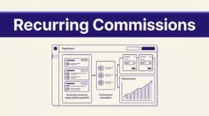 An indigo dashboard shows subscription payments, commission percentages, invoices, and a rising payout chart.