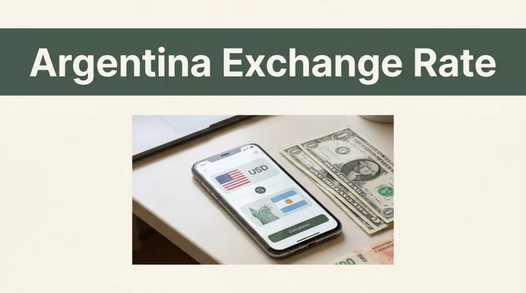 A smartphone showing currency conversion beside U.S. dollars and Argentine pesos.