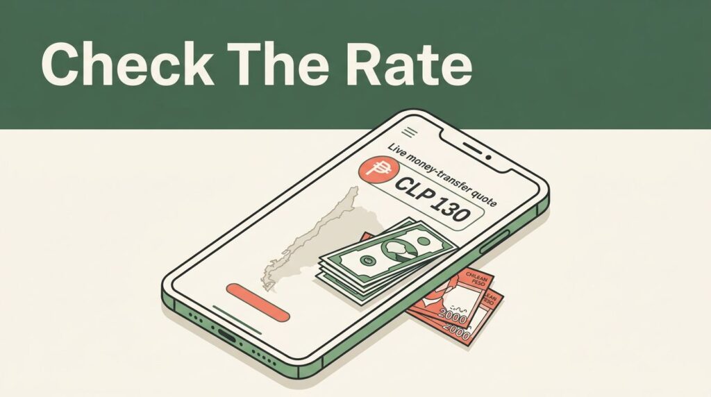 Smartphone showing a Chile transfer quote beside dollar and peso notes.