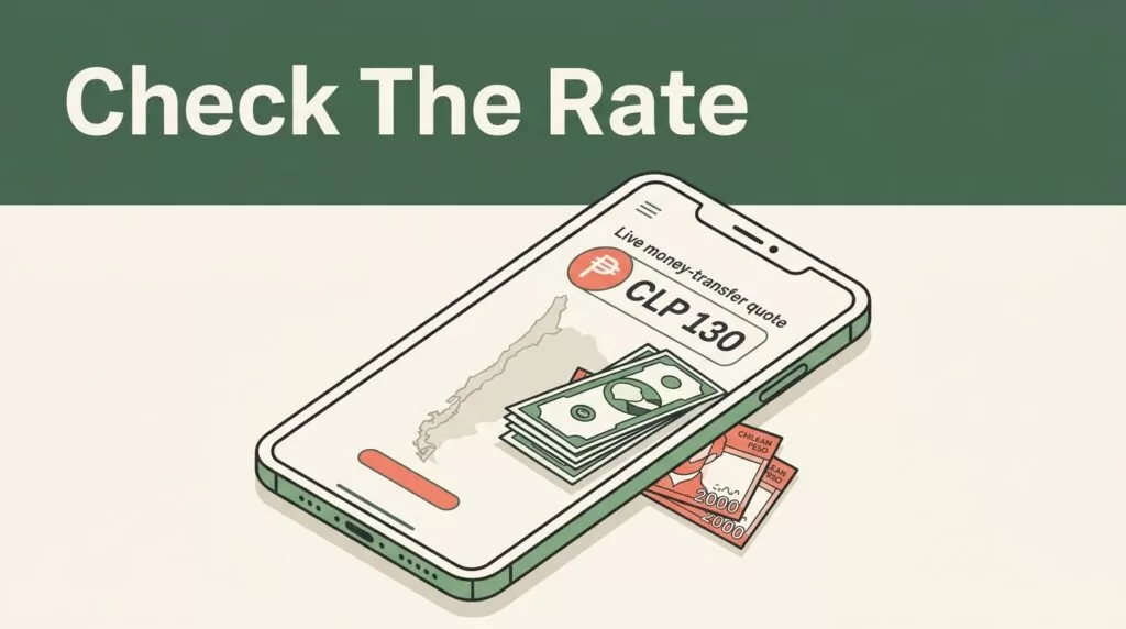 Smartphone showing a Chile transfer quote beside dollar and peso notes.