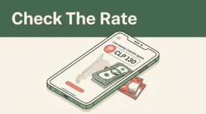 Smartphone showing a Chile transfer quote beside dollar and peso notes.