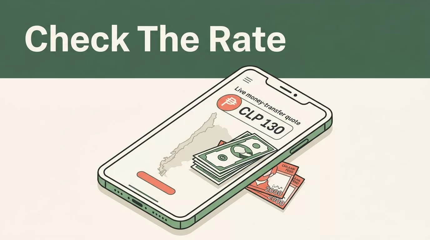 Smartphone showing a Chile transfer quote beside dollar and peso notes.