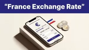 Smartphone showing a euro exchange rate beside coins and French colors.