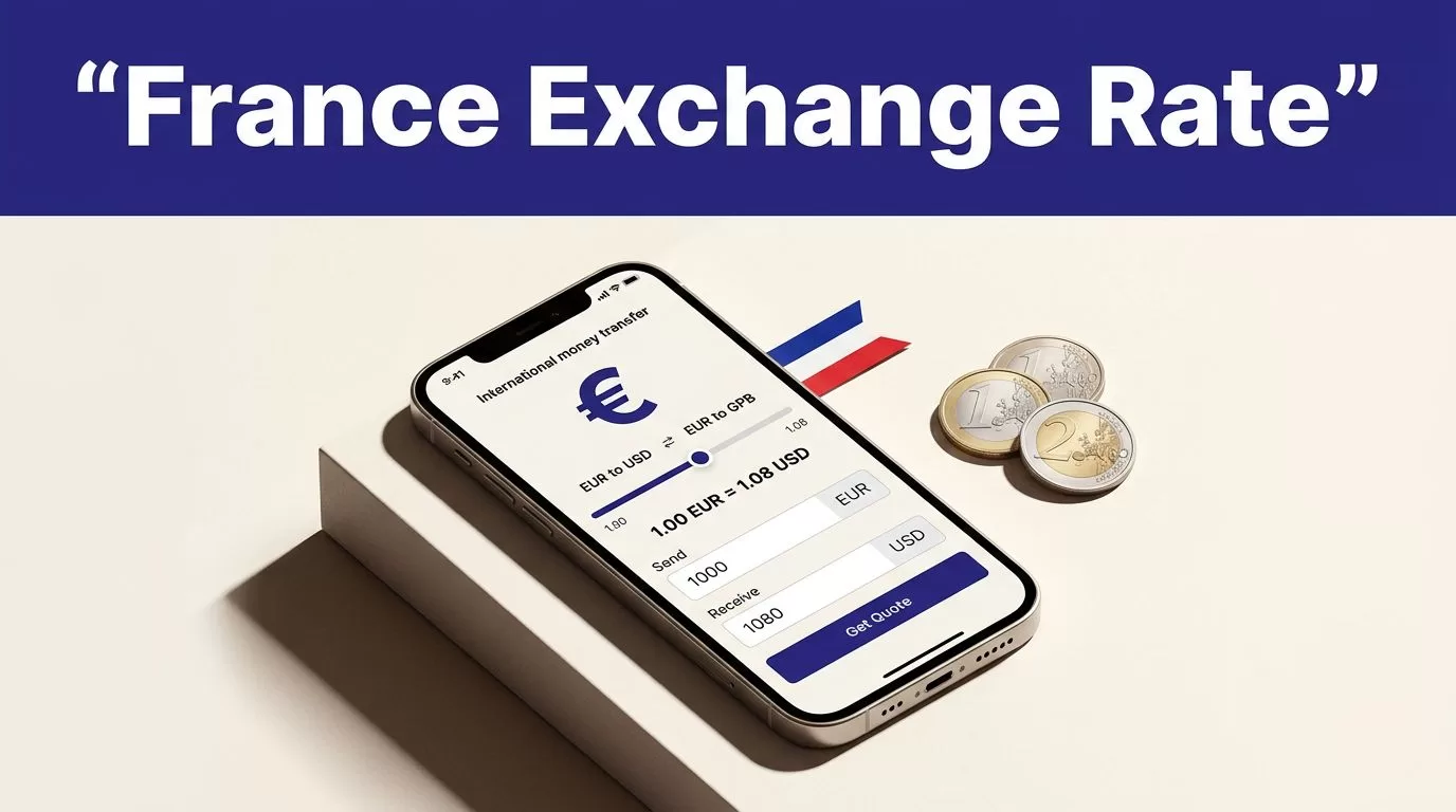 Smartphone showing a euro exchange rate beside coins and French colors.