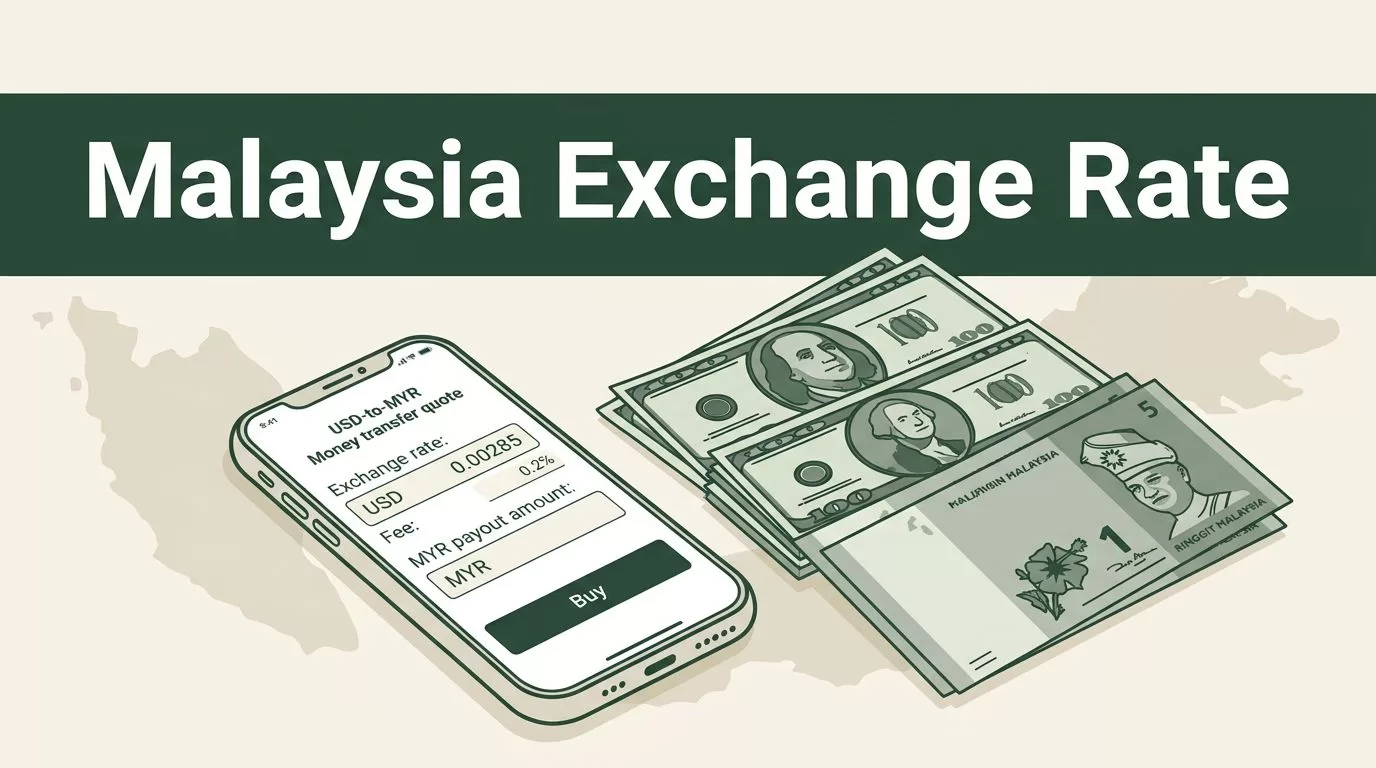 Smartphone showing a USD-to-MYR quote beside US dollars and Malaysian ringgit.