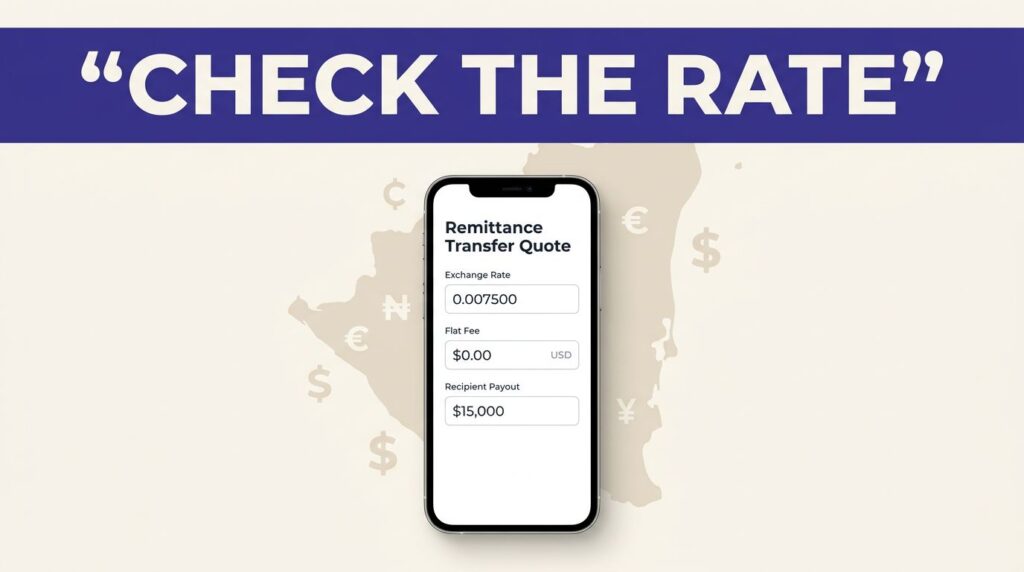 Smartphone showing a remittance quote with rate, fee, and payout details against a Nicaragua map.