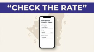 Smartphone showing a remittance quote with rate, fee, and payout details against a Nicaragua map.