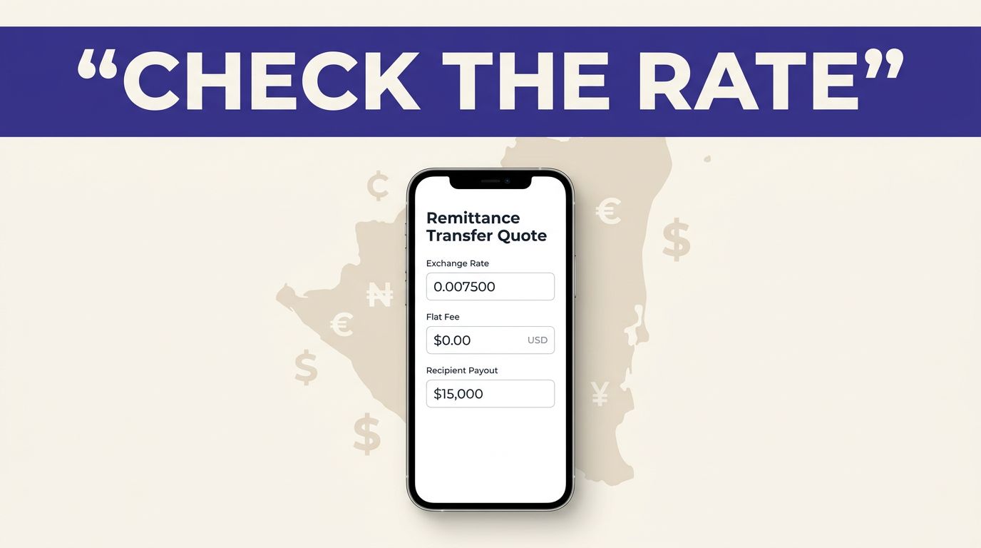 Smartphone showing a remittance quote with rate, fee, and payout details against a Nicaragua map.