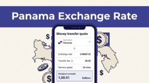 Smartphone showing a Panama money-transfer quote with exchange rate and recipient amount.