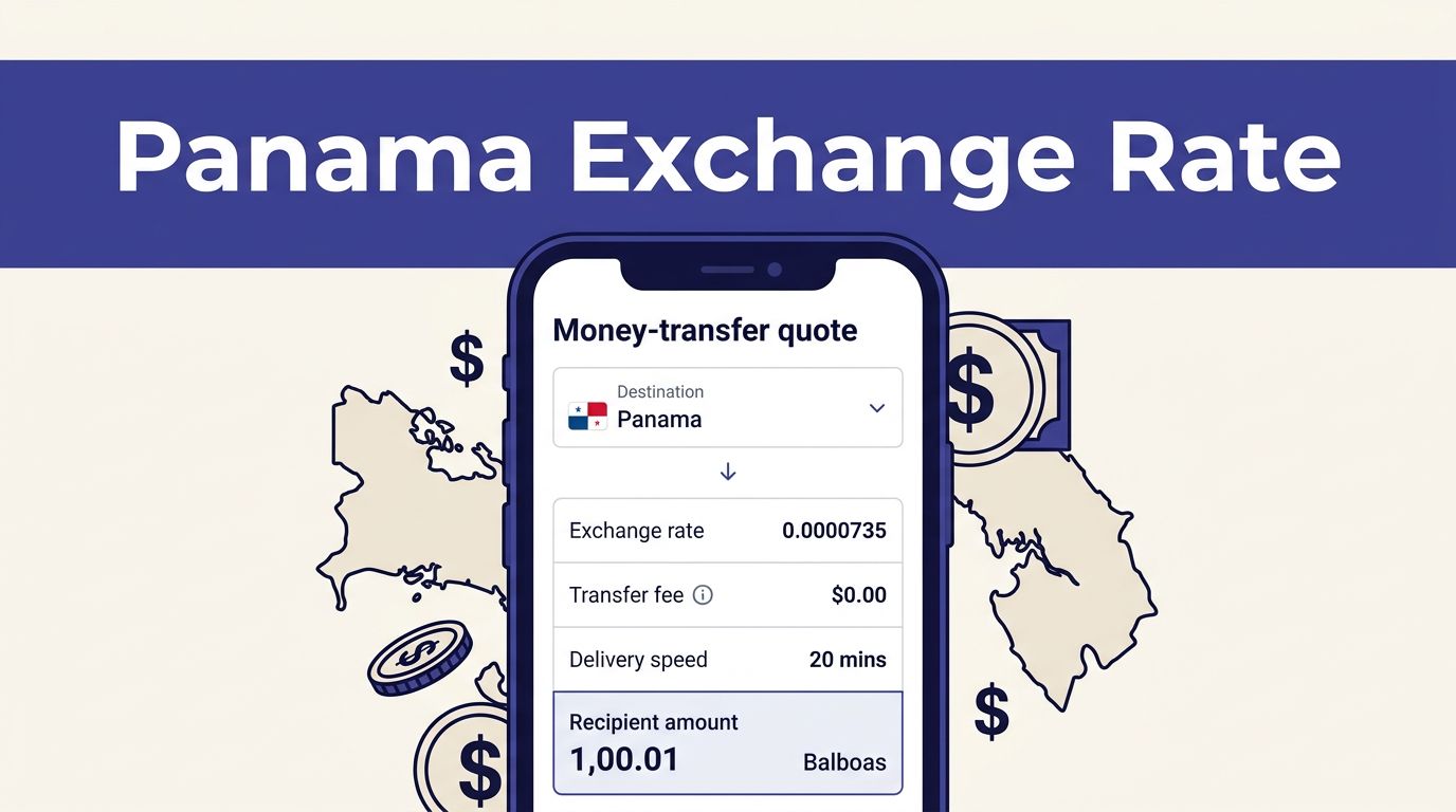Smartphone showing a Panama money-transfer quote with exchange rate and recipient amount.