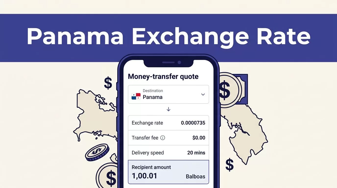 Smartphone showing a Panama money-transfer quote with exchange rate and recipient amount.