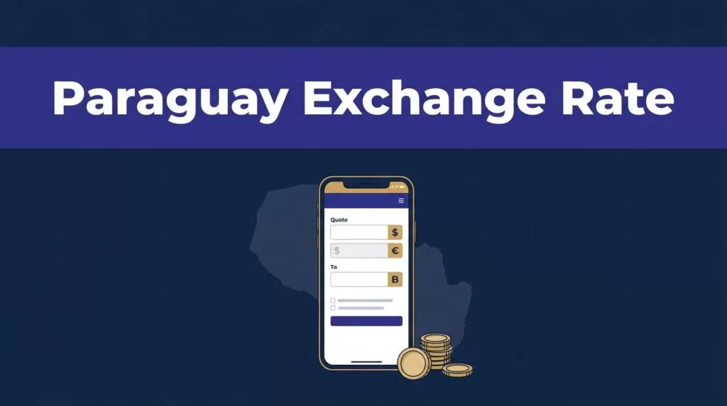 A smartphone shows an exchange rate beside a Paraguay map and coins.