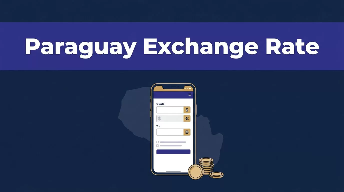 A smartphone shows an exchange rate beside a Paraguay map and coins.