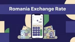 Smartphone calculator above Romanian leu notes and dollar and euro coins.