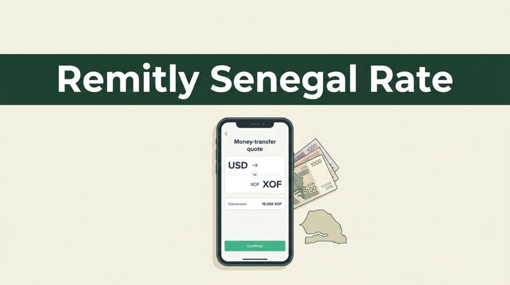 Smartphone showing a USD to XOF transfer quote beside CFA notes and a Senegal map.