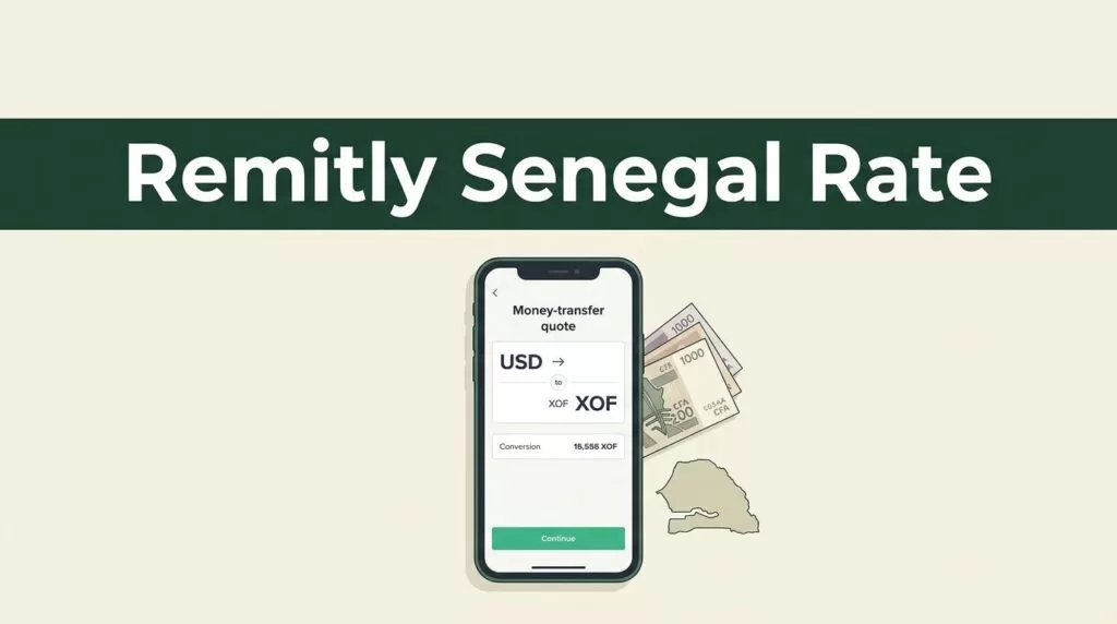 Smartphone showing a USD to XOF transfer quote beside CFA notes and a Senegal map.
