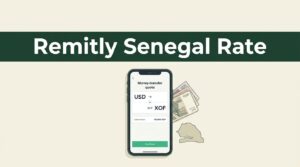 Smartphone showing a USD to XOF transfer quote beside CFA notes and a Senegal map.