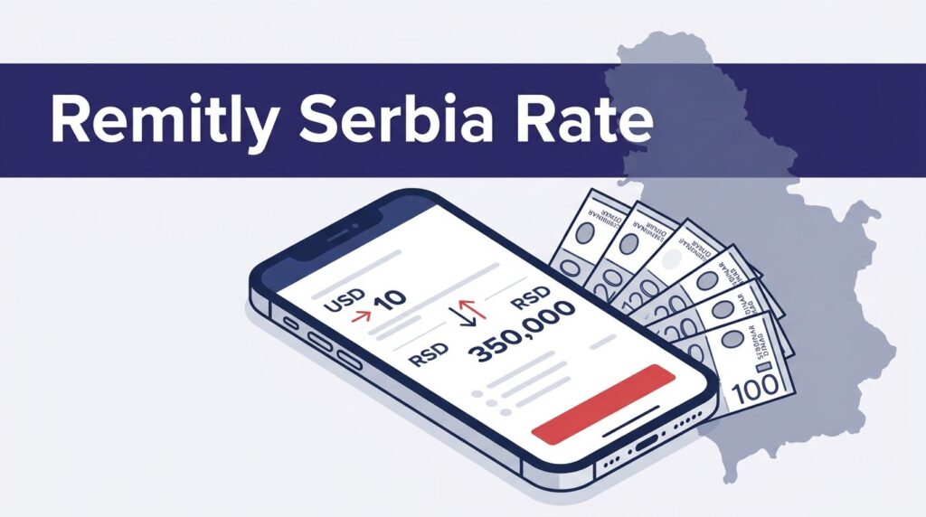 A phone showing USD to RSD beside Serbian dinar banknotes and a Serbia map.